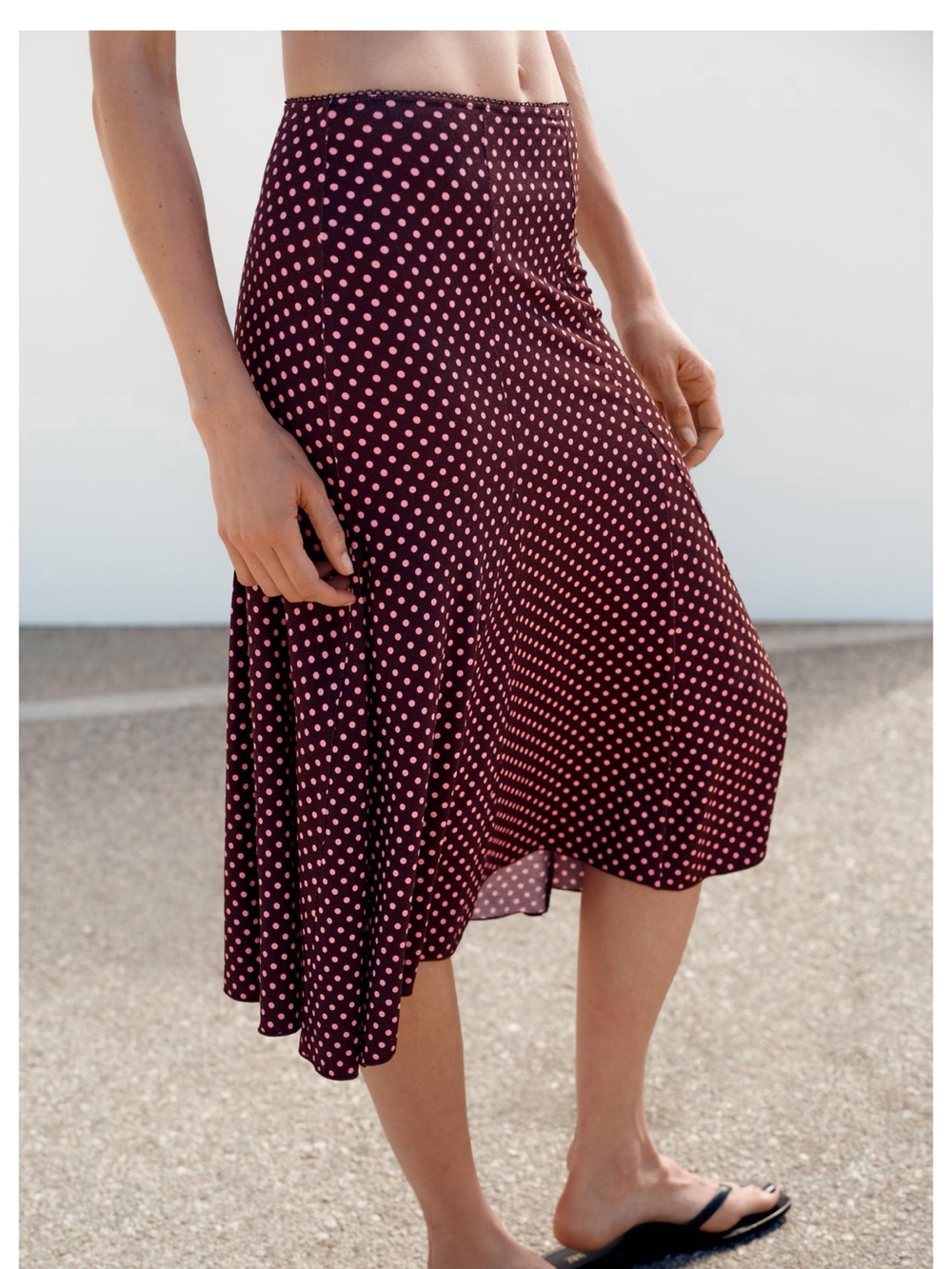 Zara Burgundy Midi Skirt with Pink Polka Dots Size Small